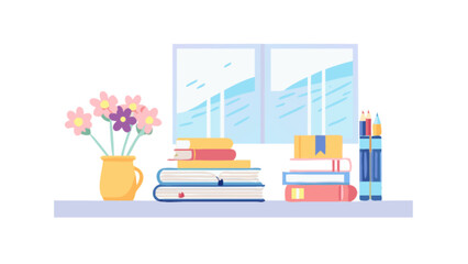 Obraz premium Bookshelf with books flowers and window illustration for study room and home decor ideas for students and readers