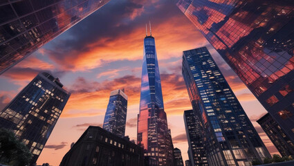 a frog perspective view of a modern futuristic beautiful city with many skyscrapers and a beautiful sunset