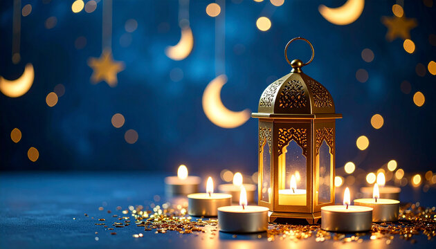 Muslim lantern and golden cressent with candles, realistic illustration - Powered by Adobe