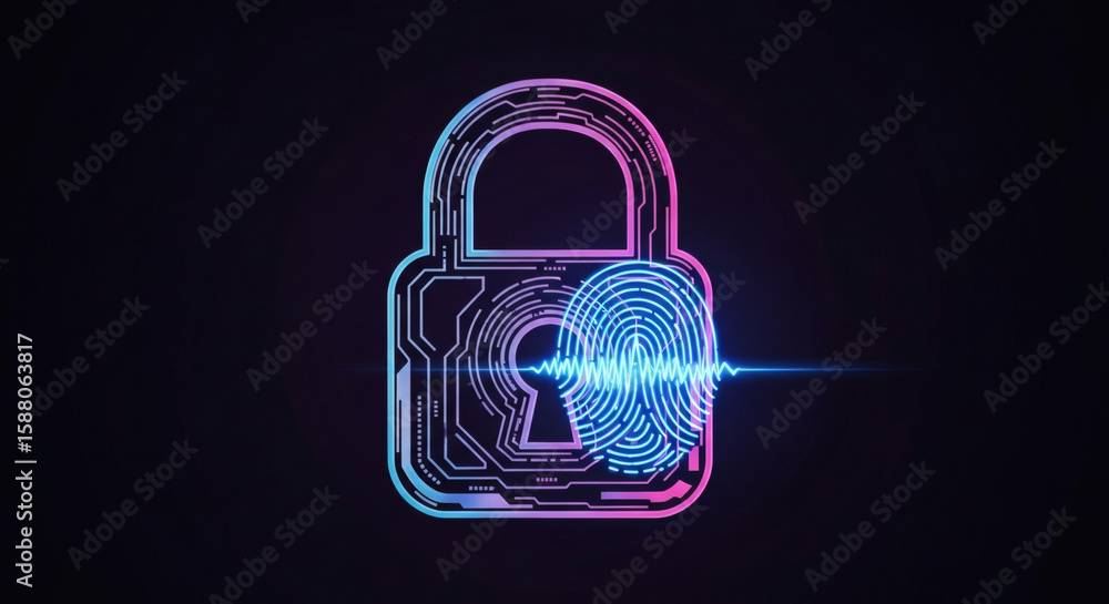 Poster futuristic lock with fingerprint scan represents advanced security technology
