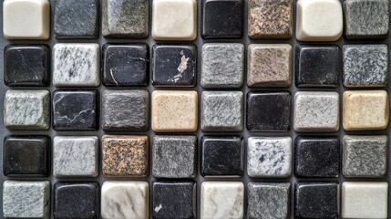 Close-up view of a mosaic tile arrangement showcasing diverse textures and colors, ideal for design
