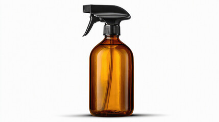 Eco friendly amber glass spray bottle with black trigger nozzle ideal for household cleaning or cosmetic applications displayed on white background