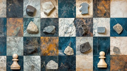 Abstract chessboard made of stones and wooden pieces, symbolizing strategy and competition