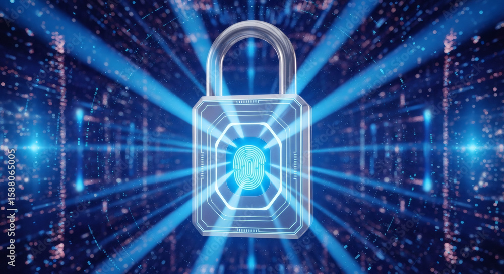 Poster cybersecurity and data protection concept with digital fingerprint lock and encryption