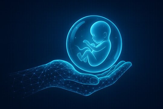 3d digital illustration of a fetus inside a glowing bubble held by a polygonal hand, symbolizing life, protection, pregnancy, or advanced medical technology like IVF or prenatal care- WORLD IVF DAY