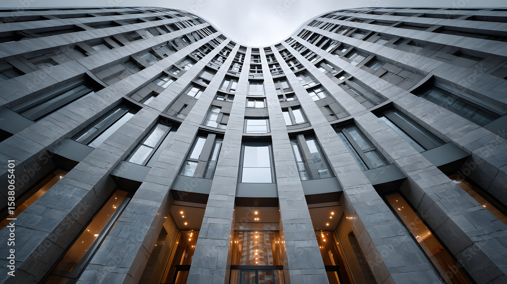Poster a tall building with many windows and a curved design