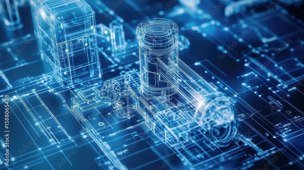 Poster detailed view of a digital blueprint showcasing a mechanical component design with vibrant blue line