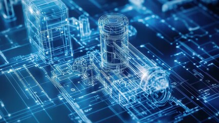 Detailed view of a digital blueprint showcasing a mechanical component design with vibrant blue lines and intricate details - Powered by Adobe