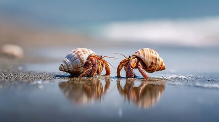 Two hermit crabs with shells on  wet sandy beach in shallow water sea ocean