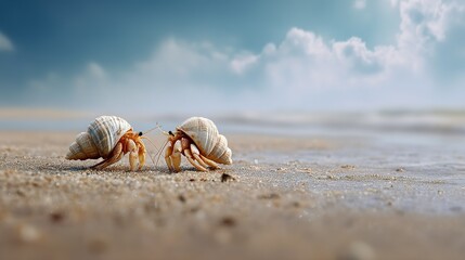 Two hermit crabs with shells on  sandy beach near  ocean under  cloudy blue sky