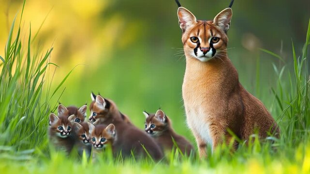 A lovely family of caracals is relaxing in the field, and the mother cat keeps a watchful eye on her kittens. The beautiful caracal family is relaxing in the sun.