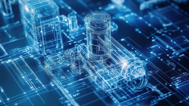 Detailed view of a digital blueprint showcasing a mechanical component design with vibrant blue lines and intricate details
