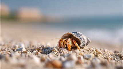 Tiny hermit crab with orange legs emerges from striped shell on sandy beach ocean blurred background