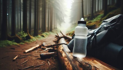 Empty Water Bottle A reusable water bottle rests on a log beside