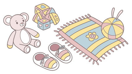 Fototapeta premium Cute nursery room illustration with teddy bear blocks rug ball and slippers for baby room decor projects