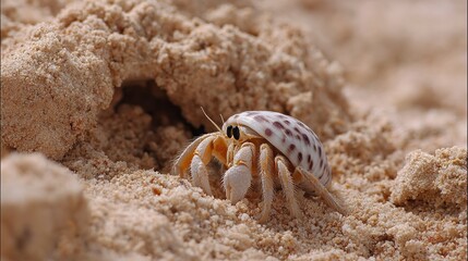 hermit crab emerges from its shell on  sandy beach with its claws extended
