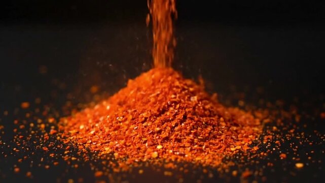A pile of red chili flakes with more being poured onto it against a dark background