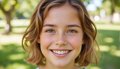 Fototapeta premium Smiling Young Girl with Freckles – Closeup Portrait of Child with Blue Eyes in Sunny Park for Lifestyle Blogs, Children's Advertising, and Emotional Wellbeing Content