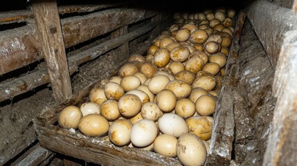 A rustic storage area filled with various eggs, showcasing a farm setting with dirt and wood