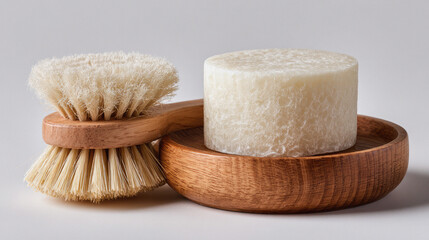 Eco friendly natural dishwashing soap bar placed elegantly on round wooden tray ideal for sustainable household cleaning routines