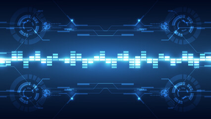 Futuristic Sound Wave Interface with Digital Equalizer and HUD Elements in Blue