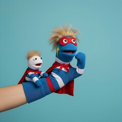 Fototapeta premium A sock puppet dressed as a superhero with a red cape and mask, holding a smaller, plain sock puppet, against a blue background