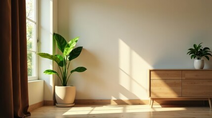 Sunlit Room Interior Design Featuring Minimalist Wooden Cabinet and Lush Potted Plants
