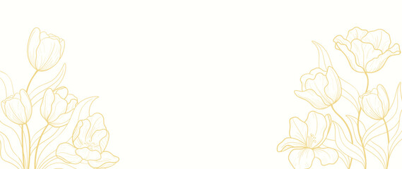 Gold Flower hand drawn on white background vector. Natural botanical elegant tulip flower with gold line art. Luxury illustration for decoration, wall decor, wallpaper, cover, banner, package, card.