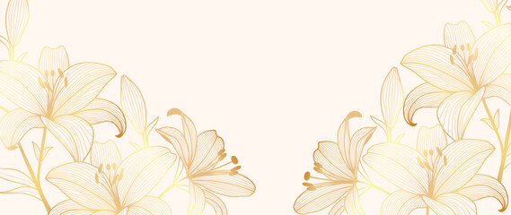 Fototapeta na wymiar Gold Flower hand drawn on white background vector. Natural botanical elegant lily floral with gold line art. Luxury illustration for decoration, wall decor, wallpaper, cover, banner, package, card.