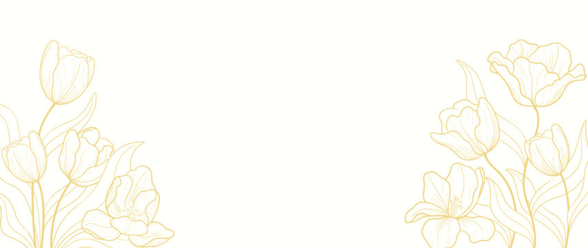Gold Flower hand drawn on white background vector. Natural botanical elegant tulip flower with gold line art. Luxury illustration for decoration, wall decor, wallpaper, cover, banner, package, card.