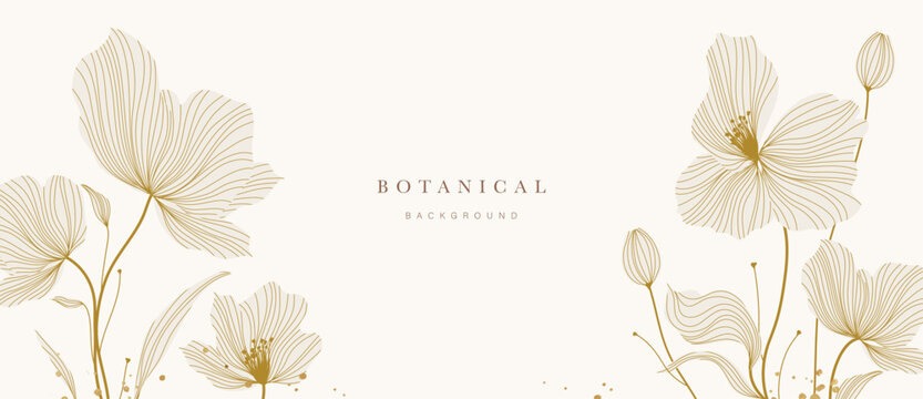 Gold Flower hand drawn on wv background vector. Natural botanical elegant poppy floral with gold line art. Luxury illustration for decoration, wall decor, wallpaper, cover, banner, package, card.