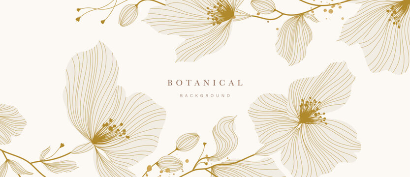 Gold Flower hand drawn on white background vector. Natural botanical elegant poppy floral with gold line art. Luxury illustration for decoration, wall decor, wallpaper, cover, banner, package, card.