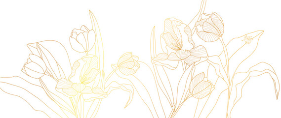 Gold Flower hand drawn on white background vector. Natural botanical elegant tulip and lady bug with gold line art. Luxury illustration for decoration, wall decor, wallpaper, cover, banner, package. © TWINS DESIGN STUDIO