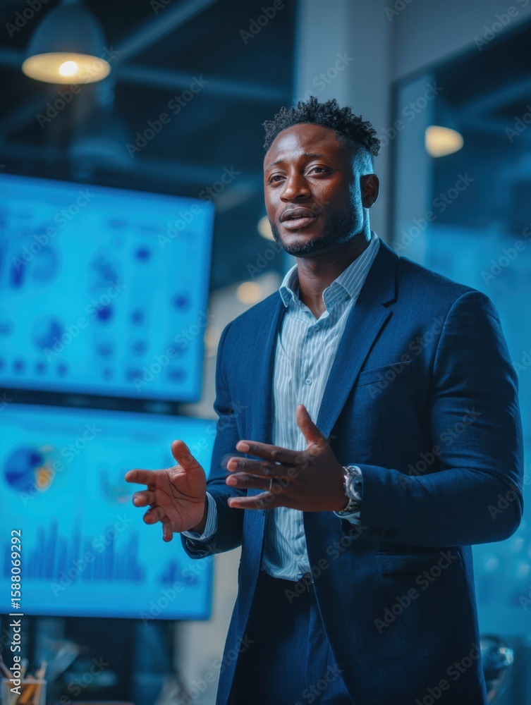 Poster business presentation by professional speaker in modern office setting with engaging visual data dis