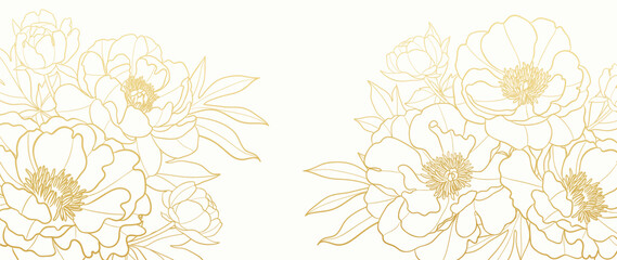 Gold Flower hand drawn on white background vector. Natural botanical elegant peony floral with gold line art. Luxury illustration for decoration, wall decor, wallpaper, cover, banner, package, card. © TWINS DESIGN STUDIO