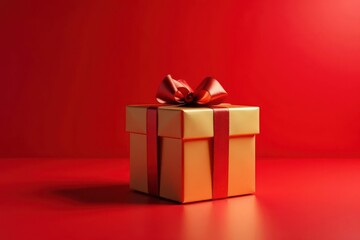 Obraz premium A golden gift box with a vibrant red ribbon, a symbol of celebration and joyous surprises on a scarlet background
