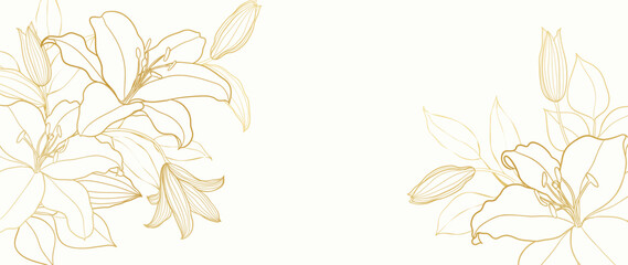 Gold Flower hand drawn on white background vector. Natural botanical elegant lily floral with gold line art. Luxury illustration for decoration, wall decor, wallpaper, cover, banner, package, card.