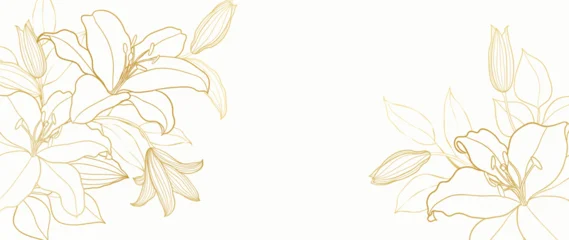  Gold Flower hand drawn on white background vector. Natural botanical elegant lily floral with gold line art. Luxury illustration for decoration, wall decor, wallpaper, cover, banner, package, card. © TWINS DESIGN STUDIO