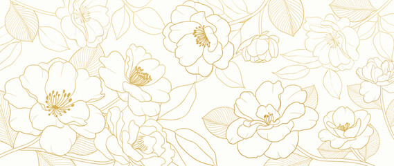 Gold Flower hand drawn on white background vector. Natural botanical elegant peony floral with gold line art. Luxury illustration for decoration, wall decor, wallpaper, cover, banner, package, card.