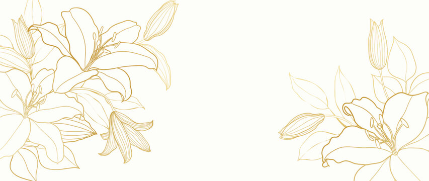 Gold Flower hand drawn on white background vector. Natural botanical elegant lily floral with gold line art. Luxury illustration for decoration, wall decor, wallpaper, cover, banner, package, card.