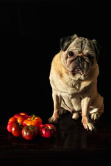 Pug dog sitting next to a pile of colorful garden tomatoes