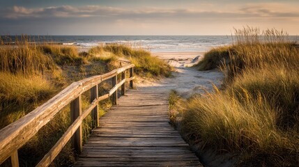 Obraz premium Wooden walkway to beach, golden hour light