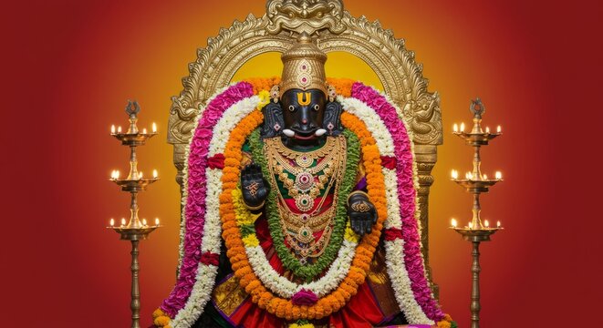 Temple idol of Varaha decorated with garlands and lamps, glowing red-yellow gradient background