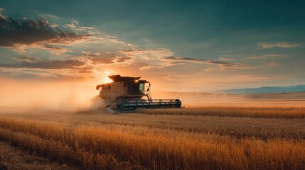 Fototapeta premium Golden wheat field, harvester at sunset
