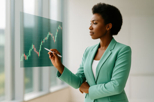 Businesswoman analyzing stock market data using futuristic transparent screen technology