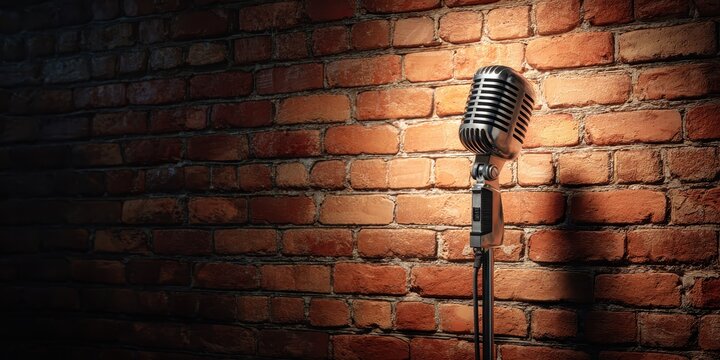 Comedy Poster. Stand up comedy stage with microphone on brick wall background for open mic monologue banner