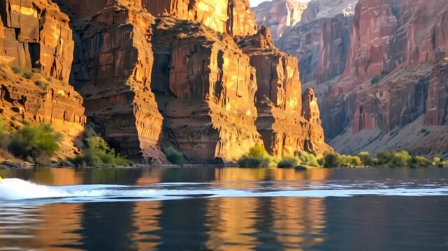 A river flowing through a canyon with steep, rocky walls. The sunlight reflects off the water, creating a shimmering effect.