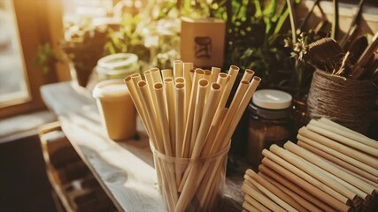 Reusable bamboo straws displayed in a cafe setting with other eco-friendly items