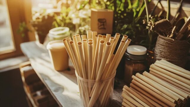 Reusable bamboo straws displayed in a cafe setting with other eco-friendly items