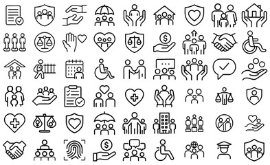 Social Policy Vector Icon Set Outline Style.community,right,law,justice,welfare,government,people,equality,support,public,safety,regulation